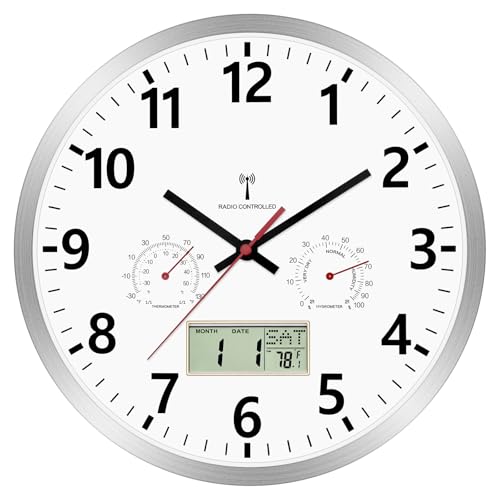 Foxtop Horloge Murale Radio-Pilotée 30 cm avec Hygromètre, Thermomètre et Écran LCD Multilingue - Horloge Murale Silencieuse pour Cuisine, Salon, Bureau