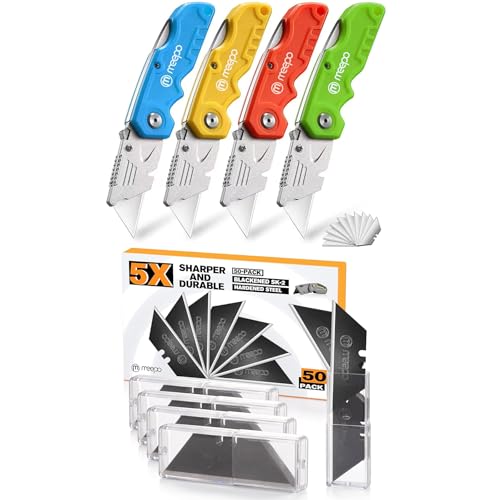 M MEEPO Bundle Savings, 4-Pack Tough Folding Box cutter with 10-pc Blade + 50-pc Blackened Knife Blades