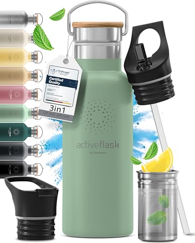 Gourde Inox Isotherme ACTIVE FLASK 1l/500ml sans BPA + Paille (3 Bouchons) | Bouteille d’eau...