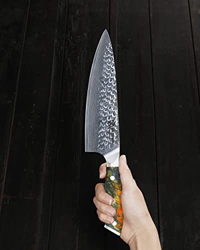 Wildmok Chef Knife,8 Inch Damascus Japanese Kitchen Knives,Vg10 Steel&Resin Handle Chef Knife,Hammered Finish Chef's Knives,Japanese Damascus Knife Including Gift Box #TOP5