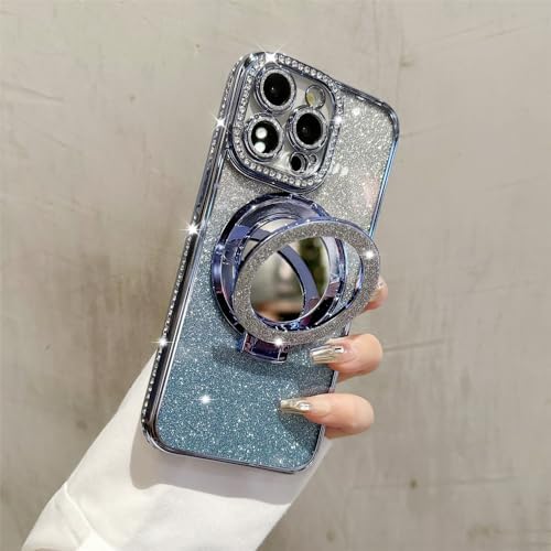 Mirror Kickstand Glitter Diamond Case for iPhone 15 14 13 12 Pro Max,Magnetic Stand Holder,Camera Lens Protector Compatible with Magsafe, Rhinesetone Bing Cover Case (Blue,for iPhone 13) image 3
