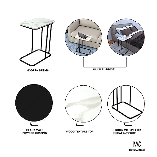 Image of DECOWORLD|| Premium Side Table || Metal Side Table with Wooden Top || End Table for Living Room, Sofa C Type Table or Bed Side Stand (White Marble Top Finish on Engineered Wood with Black Stand)