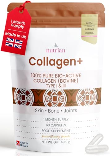 Image of Collagen+ | 1200mg Bio-Active Hydrolysed 100% Bovine Collagen Peptides | Grass-Fed, Halal Certified, Made in UK | Type I & III | Skin, Hair, Nails & Joint Support | 60 Capsules | 1 Month Supply