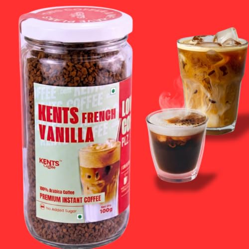 Image of Kents Coffee French Vanilla Instant Coffee 100g Jar | 100% Arabica Coffee Powder | No Added Sugar | LOW ACIDIC COFFEE | Serves 90 Cups | Perfect for Hot Coffee, Iced Latte & Frappe