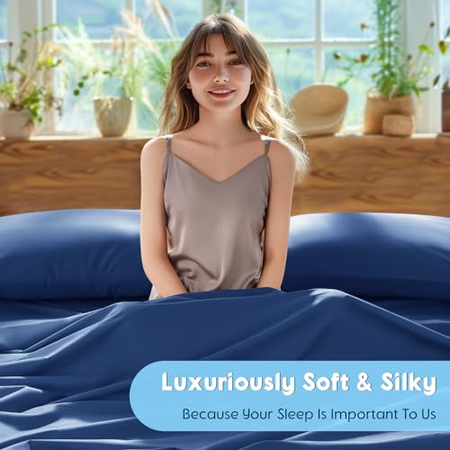 Image of SONORO KATE 1000 Series 100% Egyptian Cotton Queen Sheet Set,4 Pieces | Soft,Breathable Long Staple,Sateen Weave,Luxury 5-Star Hotel Bed Sheets,16 inch Deep Pocket,Navy Blue