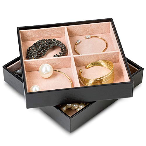 Glenor Co Jewelry Organizer Tray - Set Of 2 - Stackable 8 Square Slot Jewelry Storage Trays - Display On Dresser Or Drawer - Compatible With Other Glenor Trays - Black #TOP2