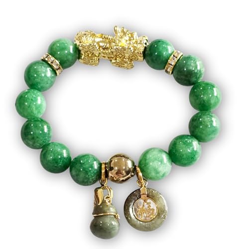 Heavens Tvcz Thai Jade Bracelet Women Good Luck Ring with Chain Feng Shui Bracelets Xiu Pi Yao Bracelet Chinese Dragon Gold Attract Good Luck Wealth Jewelry Gem Adjustable Elastic Green, Gold, Elastic Ropes Inner Length 6.40 inches
