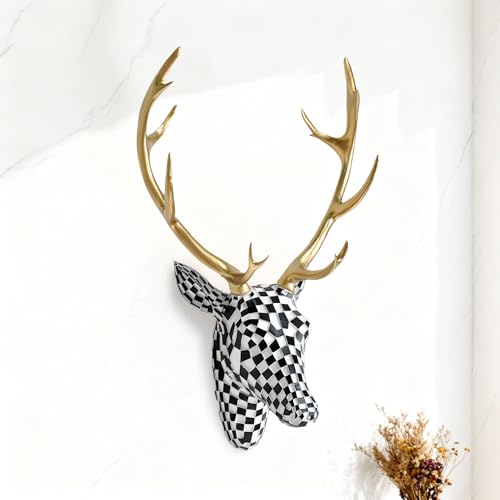 ASLASL Black And White Checkered Deer Head Wall Decor,Faux Resin Animal Head Wall Sculpture, Modern Antler Art Wall Hanging, Decorative Deer Head for Living Room, Bedroom, Office (Black)