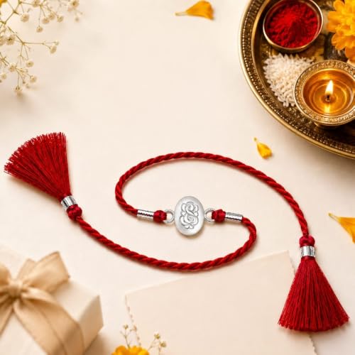 Image of MAIRA 925 Sterling Silver Premium Designer Bracelet Rakhi for Brother | Handmade Raksha Bandhan Sacred Thread with Silver-Tone Geometric Charm & Adjustable Red Braided Cord | Traditional Festival Rakhi Gift (FLOWER)