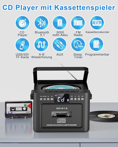 Greadio CD Player Tragbar, Boombox Kassettenspieler mit UKW Radio, Bluetooth 5.1, 5000mAh wiederaufladbare Akku, Fernbedienung, AUX/USB/SD Karte-In, 5W Lautsprecher, LED Bildschirm (Schwarz)