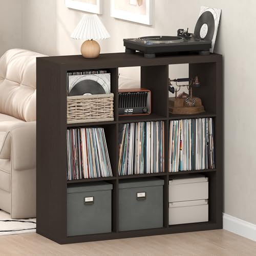 Image of Furinno Cubicle Record Player Stand, 9-Cube Record Storage, Dark Oak