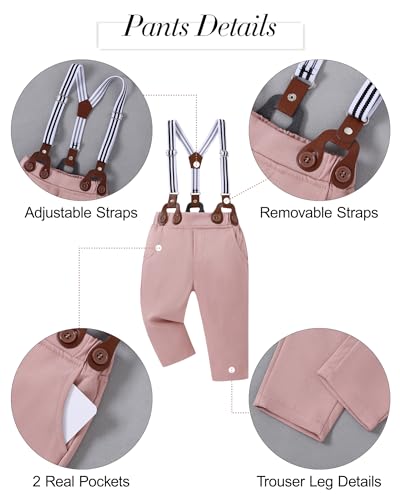 Image of YALLET Baby Boy Clothes Suit Newborn Infant Gentleman Outfits, Formal Dress Shirt+ Bowtie+ Suspender Pants Wedding Party Set