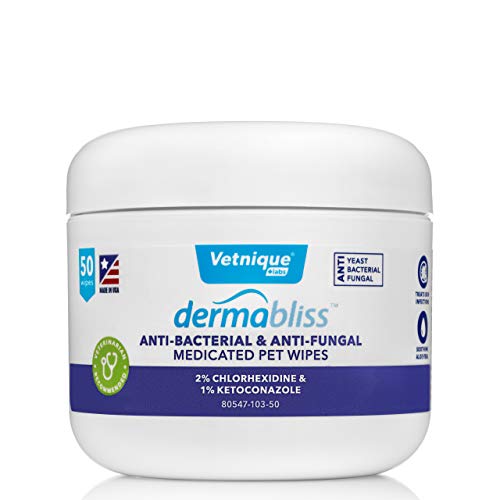 VETNIQUE LABS Dermabliss Anti-Bacterial & Anti-Fungal Medicated Wipes for Dogs and Cats with Chlorhexidine and Ketoconazole, Soothing Aloe for Skin Infection and Allergy Relief, 50ct Pet Wipes