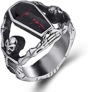 Elfasio Skull Rings for Men Stainless Steel Gothic Vampire Bloody Red Enamel Coffin
