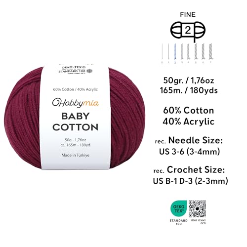 Image of Baby Cotton Blend Yarn - Soft Sport Weight Yarn for Crochet & Amigurumi - 50g /180yds - 60% Cotton 40% Acrylic - Ideal for Baby & Knitting Proj. & 10 Stitch Markers(Claret Red, 4 Balls)