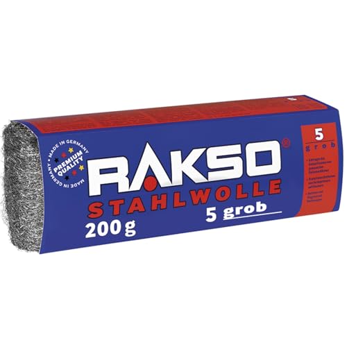 RAKSO Stahlwolle grob 5-200g, 1 Banderole, abtragen Beizschlamm v. Holz, entfernt Farbspritzer auf Glas, Flugrost auf Werkzeugen