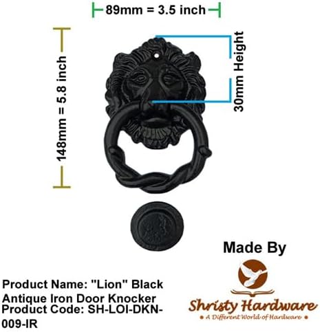 Shristy Hardware "Lion" Black Antique Iron Door Knocker for Door Front - Exterior for Home Iron Door Knocker Front Door Entry Knocker - (Pack of 1 Black Powder Coated Finish)