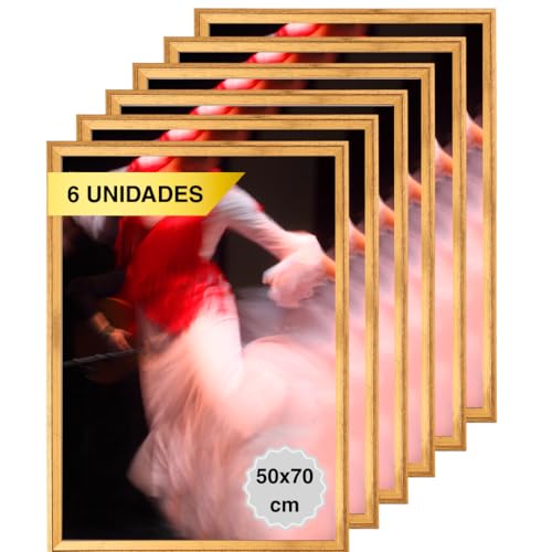 MARCOFOTO Set de 6 Marcos de Fotos Vintage - Marco Para Cuadros - Marco de Fotos - Marco Foto - Marcos Cuadros - Marcos Fotos Pared con Plexiglas - Marco Fotos - Marcos Madera MDF Dorado - 50X70