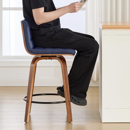 Image of Swivel Bar Stools Set of 1,26 inch Faux Leather Counter Height Barstools with Back,Mid Century Modern Upholstered Bar Chairs with Bentwood Legs Island Stools for Kitchen Counter Darkblue