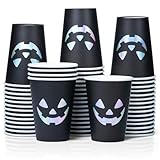 Confettiville Halloween Disposable Paper Party Cups, Bulk 50 Pack, Leak-Resistant, 12 oz Hot and Cold Cups for Restaurants and Parties, Jack-O-Lantern, Black & Silver