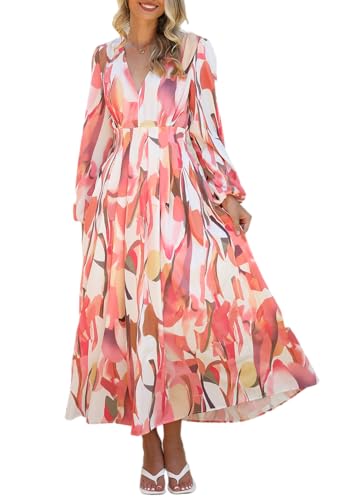 Maxigerui Women's Long Sleeve Floral Maxi Dress Summer Wedding Guest Dress Pink Watercolor M