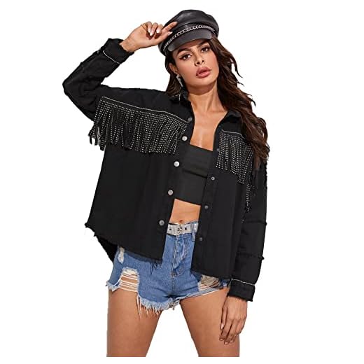 Verdusa Women's Fringe Tassel Raw Hem Button Down Long Sleeve Denim Jacket Coat Black S