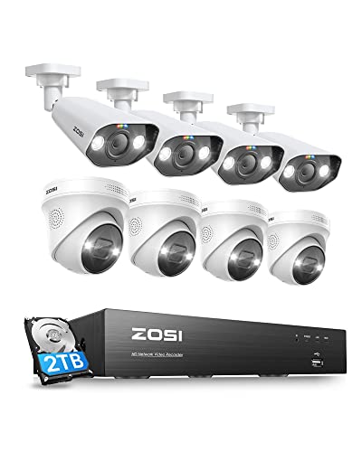 ZOSI 4K Kit de Cámara de Seguridad PoE 8CH 8MP H.265+ Grabador NVR con 8pcs Cámaras de Vigilancia Exterior, Visión Nocturna en Color, Alarma de Luz y Sirena, Audio, 2TB HDD Incluido