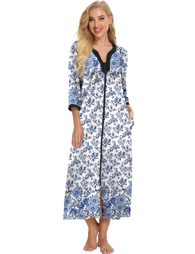 Image of Bloggerlove House Dresses for Women Zip Up Robes Soft Cotton Nightgown Half Sleeve House Coat Long Night Gowns Sleepwear