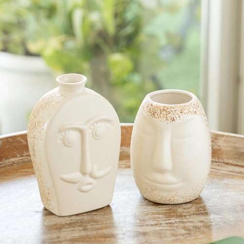 Image of ExclusiveLane 'Head To Head' Decorative Ceramic Flower Vase For Living Room Ceramic Vase for Home Decor Side Table Show Case Flower Vases Showpiece Gifts (Set of 2, 17.1 Cm, Handglazed Studio Pottery)