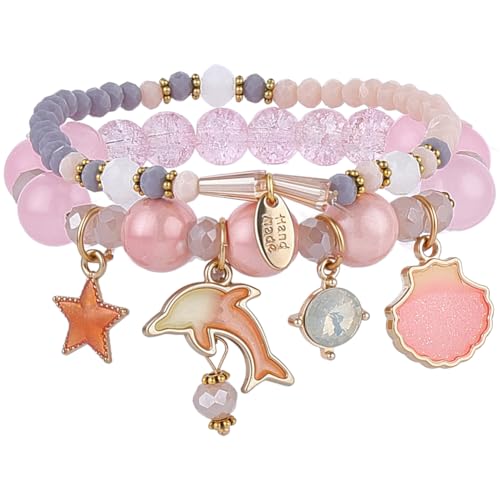 PONABEADIY 1 Box Ocean Theme Bracelet with Drawstring Bag Crystal Glass Dolphine Star Shell Summer Alloy Enamel Cute Sea Charm Beaded Stretch Bracelet for Women Party Gifts Fashion Accessories, Medium