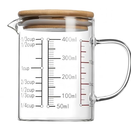 REENEW 計量カップ ガラス メジャーカップ 耐熱ガラス 目盛り付き 400-1000ml 食洗機対応 ショットグラス 容器 フタ付き キッチン 日常用品 冷凍庫安全な握 耐冷耐高温 電子レンジ対応 お酒グラス ミルク 水 コーヒー入れカ 家庭用 蓋付