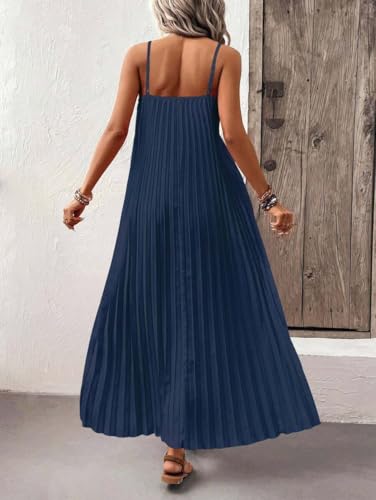 Image of Women's Summer Casual V Neck Sleeveless Strappy Pleated Flowy Loose Maxi Long Beach Dress