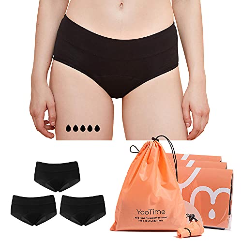 YooTime Sport Period Panties, Cotton Period Underwear for Women Teen Girls Heavy Flow, Nightwear Hipster Panties with Storage Bag Black/3Pack/L