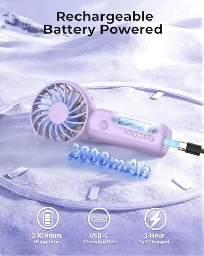 Image of TEKCOOL Portable Mini Fan - Rechargeable Hand Fan with 3 Adjustable Speeds, 2000mAh Battery, Lightweight Design, Low Noise, and Easy Portability for Indoor and Outdoor Use (Purple)