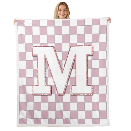 Image of Erosebridal Pink Initial M Fuzzy Plush Throw Kawaii Plaid Checkered Fleece Blanket Cute Personalized Monogram Sherpa Blanket for Kids Girls,Fashion Grids Gingham Decor for Bed Couch 40 inchx50 inch