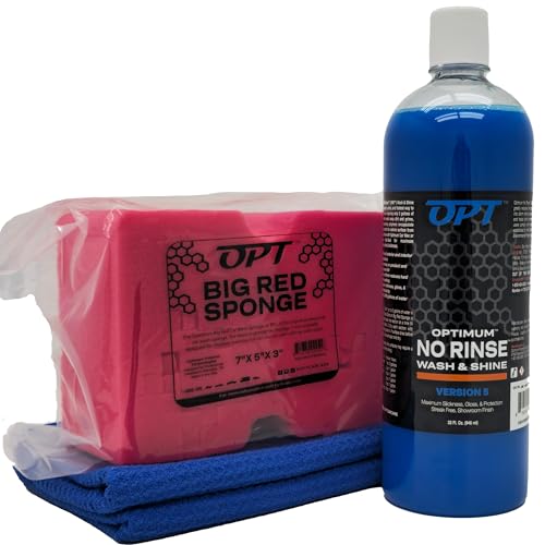 Optimum No Rinse Version 5 (32 Oz), Microfiber Drying Towel, and Big Red Sponge (BRS) Car Cleaning Kit, ONR Rinseless Car Wash, Drying Towel, and Wash Sponge for Washing and Auto Detailing