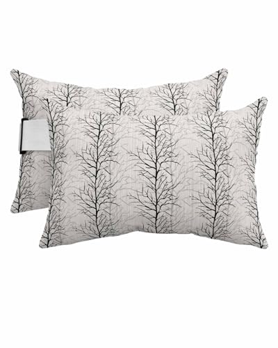 HERBED Outdoor Pillows Covers with Inserts Modern Botanical Black Tree Branch Pattern Waterproof Pillow with Adjustable Strap Throw Pillows for Patio Furniture Pool Lounge Chair, 11x16 Inch, 2PCS