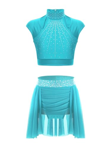 Jhaoyu Disfraz de danza de patinaje artístico para niños y niñas, ropa de ballet de dos piezas, con estrás, sin vientre, parte superior con gasa y falda de baile asimétrica, ropa de baile, azul verde,