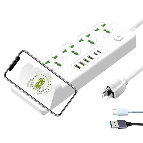 Universal Power Strip with 4 AC Outlets, 4*USB-A & 2*USB-C Ports, Fast Wireless Charging Stand, Surge Protector Extension Cord, Overload Protection Multi-Device Charging Station for Home & Office