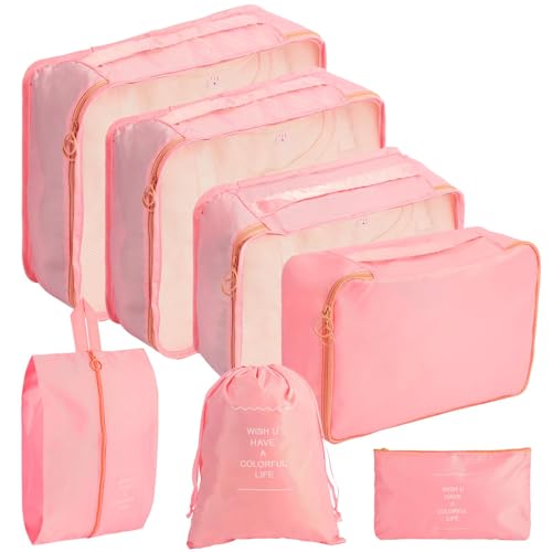 poraceous 7 Piezas Viaje Bolsas Organizadoras, Rosa Bolsas Organizadoras Maleta, Viaje Impermeables Cubes Bolsa, Equipaje Multifunción Organizadores, para Ropa, Zapatos, Ropa Interior y Cosm