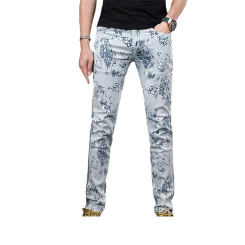 Men's Printed Jeans Stretch Denim Slim Fit Tapered Pants