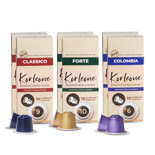 Image of KORLEONE Colombia, Classico & Forte Aluminium Nespresso Compatible Coffee Pods 60 Capsules Pack of 6 Intensity 6 /9 /10 Medium to Dark Roast Level