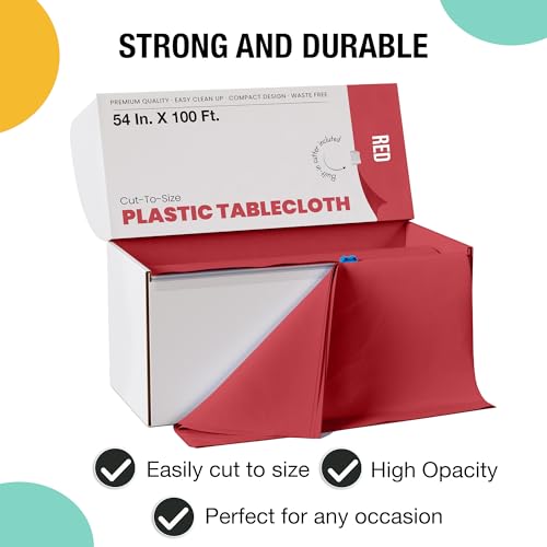 Image of Exquisite Party Solids 54 Inch X 100 Feet Red Plastic Table Cover Roll in A Cut - to - Size Box with Convenient Slide Cutter. Cuts Up to 12 Rectangle 8 Feet Plastic Disposable Tablecloths