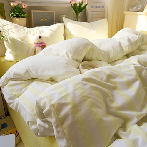 Image of EAVD Yellow and White Vertical Striped Duvet Cover King Soft Washed Microfiber Farmhouse Yellow Striped Bedding Set with 2 Pillowcases Reversible Geometric Pattern Duvet Cover with Zipper Closure