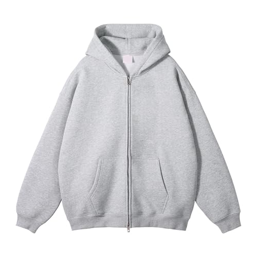 XDFVC Oversized Sweatshirt for Men Full Zip Up Winter Cotton Solid Color Hoodies Unisex Wash Heavyweight Basic Hooded Jacket Light Grey
