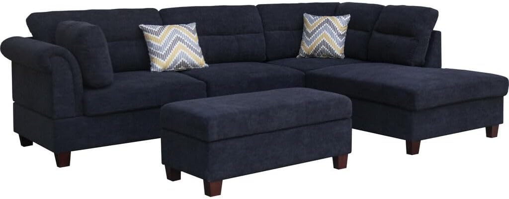 Hugo Sectional Sofa with Right Facing Chaise and Ottoman in Polyester (Black)
