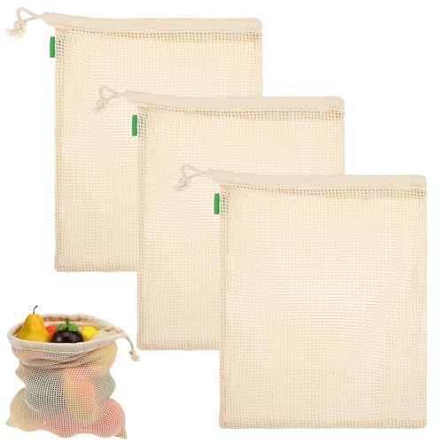 ZEYIYER 3 Pack Vegetable Bags Cotton Drawstring Bag, 35 x 28 cm Big Mesh Produce Bags for Vegetables Fruit, Reusable Produce Bags Washable Net Bags