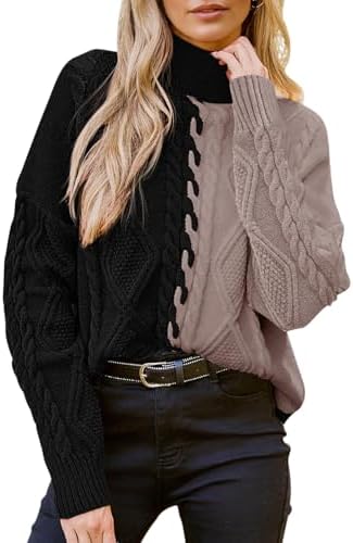Pink Queen Women's Chunky Sweaters 2025 Fall Winter Long Sleeve Mock Neck Cable Knit Colorblock Pullover Jumper Tops