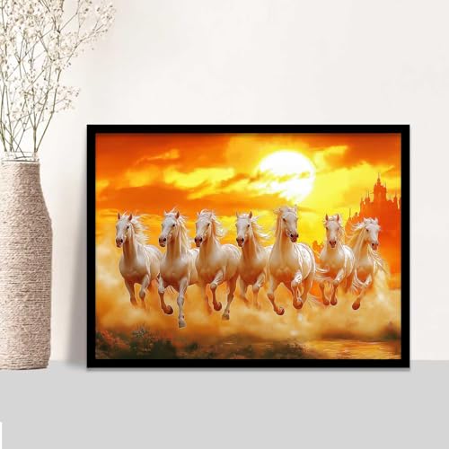 Image of HOTHOUSE Seven Running Vastu Lucky Horse Rising Sun Painting Wall Decor | 7 Horses Vastu Frame Wall Art Painting for Living Room Bedroom Office Home Decor Size (19X25 inch)