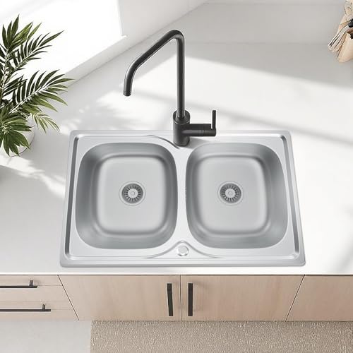 Melanstar 80x50cm Edelstahl Spülbecken Doppel Spüle, Küchenspüle Auflagespüle mit 2 Becken mit Siphon Set